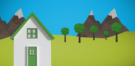 Digitally generated image of house  against illustrative image of treeの写真素材