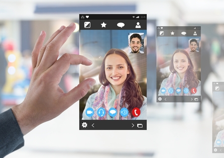 Digital composite of Hand touching Social Video Chat App Interface