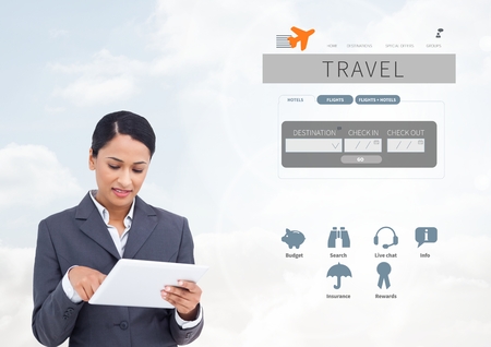 Digital composite of Woman on tablet and Holiday travel break App Interfaceの写真素材
