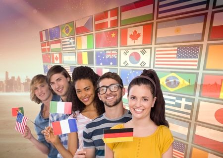 Digital composite of panel with flags near the city. Students with flags