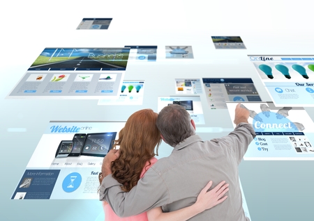 Digital composite of panels with websites(blue) couple looking for it and fingering.の写真素材