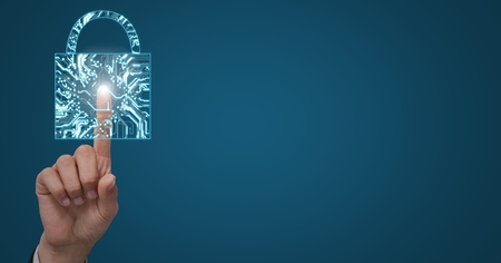 Digital composite of Hand with flare touching blue lock graphic against blue background
