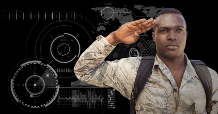 Digital composite of Soldier with backpack saluting against black background with interfaceの写真素材