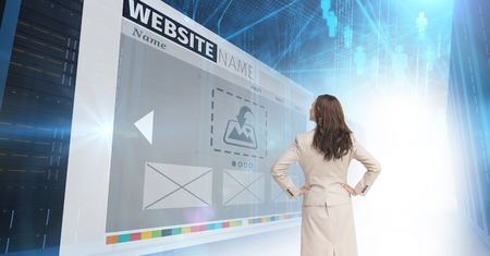 Digital composite of panels with websites, business woman looking to itの写真素材