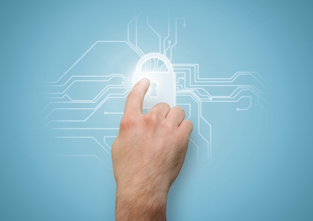 Digital composite of Hand with flare touching white lock graphic against blue background