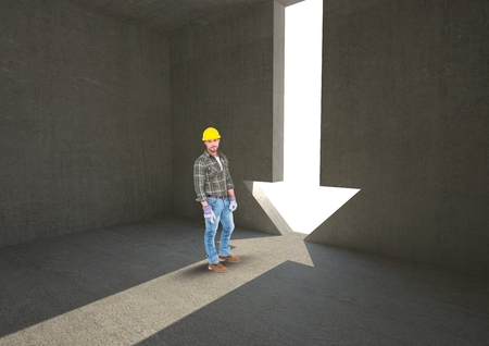 Digital composite of Male architect standing by arrow shape doorwayの写真素材