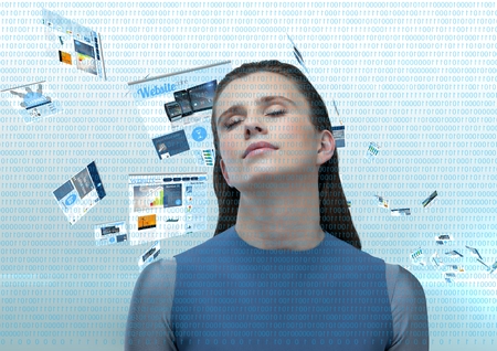 Digital composite of panels with websites flying and numbers in blue in front. Futuristic clothes woman with his eyes cloの写真素材