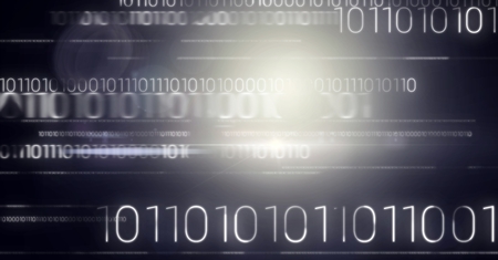 Digital composite of White binary code against dark background and flareの写真素材