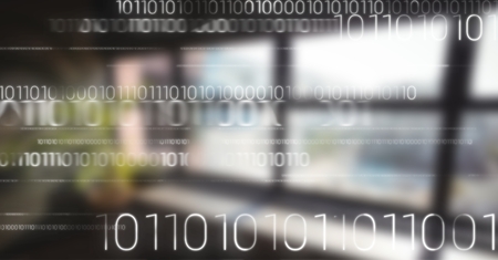 Digital composite of White binary code against blurry windowの写真素材