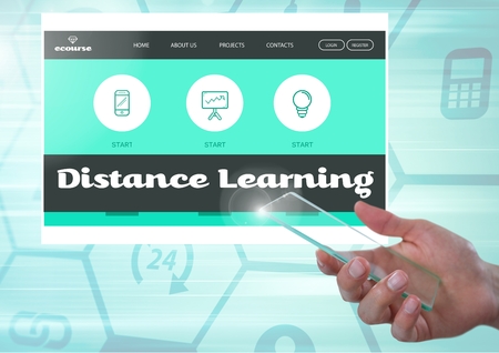 Digital composite of Hand with mobile phone touching a Distance Learning App Interfaceの写真素材
