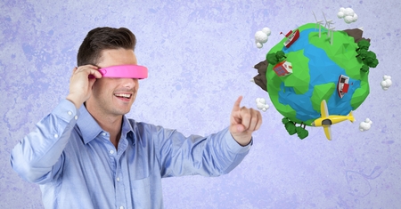 Digital composite of Smiling businessman wearing VR headphones by low poly earth