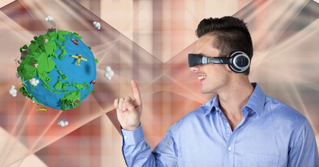 Digital composite of Businessman touching low poly globe while wearing VR headphones