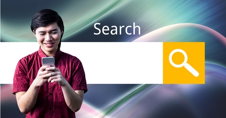 Digital composite of Young businessman with search screen in backgroundの写真素材