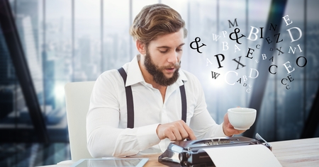 Digital composite of Hippie businessman using typewriter while letters flying in officeの写真素材