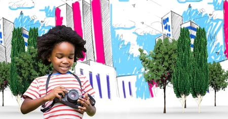 Digital composite of Little male traveler using camera in drawn cityの写真素材