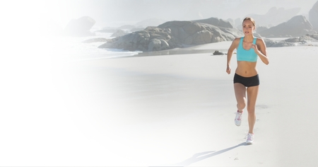 Digital composite of Young woman jogging at beach