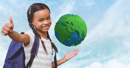 Digital composite of Smiling girl showing thumb up with low poly earth in background