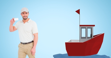 Digital composite of Delivery man showing blank card by boatの写真素材