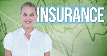 Digital composite of Smiling businesswoman against insurance textの写真素材