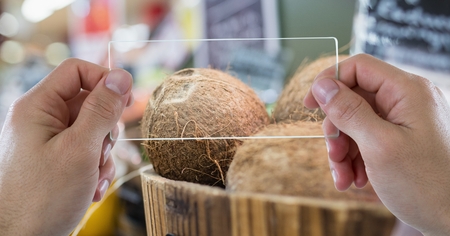 Digital composite of Hand photographing coconut through transparent deviceの写真素材