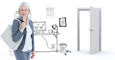 Digital composite of Confident businesswoman with purse against graphicsの写真素材