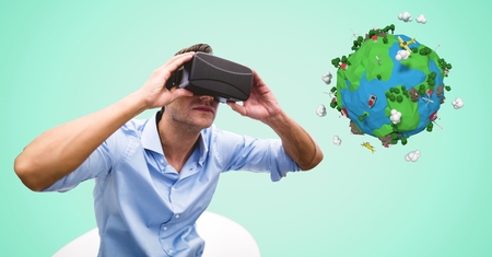 Digital composite of Businessman wearing VR glasses by low poly earth
