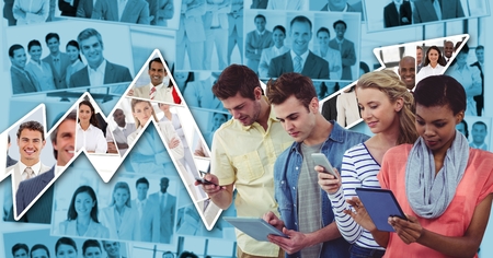 Digital composite of Casual business people using technologies against graphの写真素材