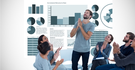 Digital composite of Business people applauding while looking at colleague with hands clasped...