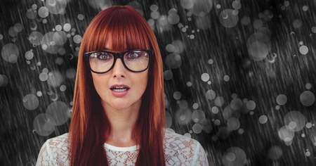 Digital composite of Surprised woman wearing eyeglasses on rainy day