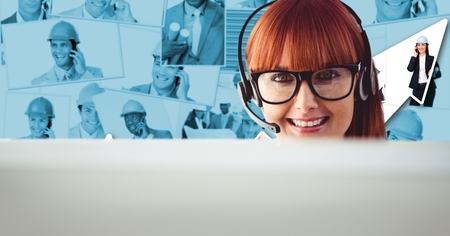 Digital composite of Redhead woman using headset against portraitsの写真素材