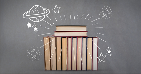 Digital composite of Digital composite image of books with education graphicsの写真素材