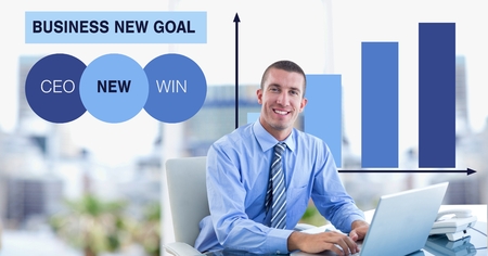 Digital composite of Smiling businessman using laptop against graphの写真素材