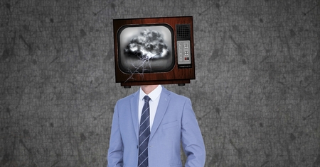Digital composite of Digital composite image of businessman with damaged television in headの写真素材