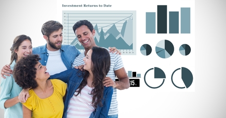 Digital composite of Casual business people with arms around against graphs