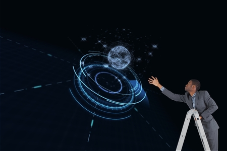 Digital composite of models on ladderの写真素材