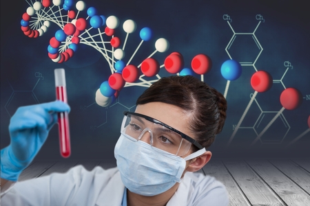 Digital composite of Medical scientist with DNA graphics or backgroundsの写真素材