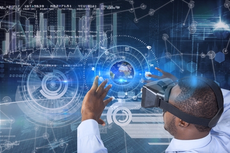Digital composite of Business man wearing virtual reality helmet against technology backgroundの写真素材
