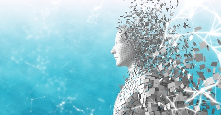 Digital composite of White network against white male AI and blue and white backgroundの写真素材