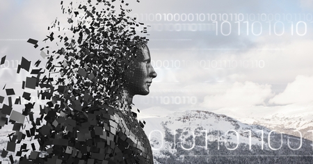Digital composite of White binary code and black male AI against snowy mountain tops