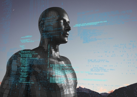 Digital composite of Blue code against black male AI and mountain tops and sky