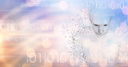 Digital composite of White binary code and man shaped binary code against blue orange bokehの写真素材