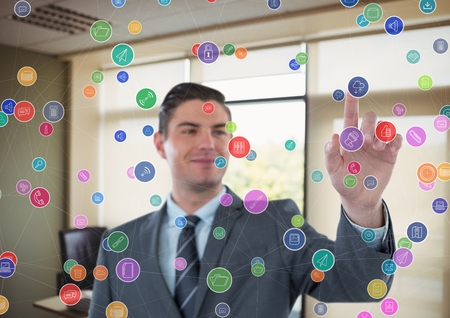 Digital composite of futuristic room interface color dots in the office. Businessmanの写真素材
