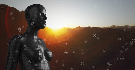 Digital composite of White network against black female AI and mountain and sunsetの写真素材