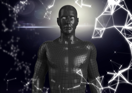 Digital composite of White network and black male AI against dark background and flareの写真素材
