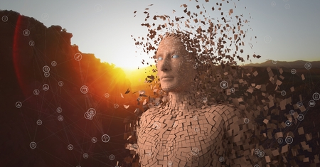 Digital composite of White network against orange male AI and mountain with sunsetの写真素材