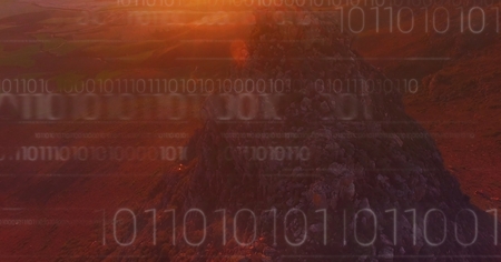 Digital composite of White binary code against mountain rock in sunsetの写真素材