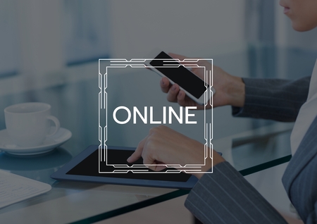 Digital composite of Online text and graphic against business woman with phone and tablet and dark...