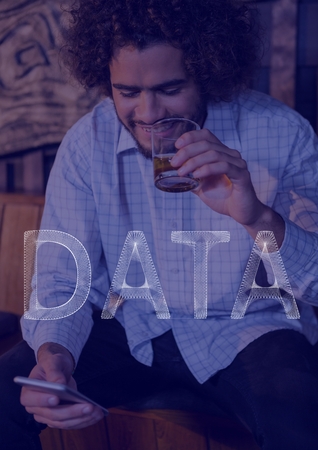 Digital composite of White data text against man with phone drinking and purple overlayの写真素材
