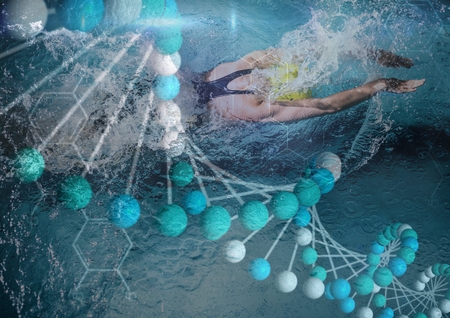 Digital composite of woman swimming and dna chain superposition