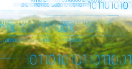 Digital composite of Blue binary code against green blurry mountains